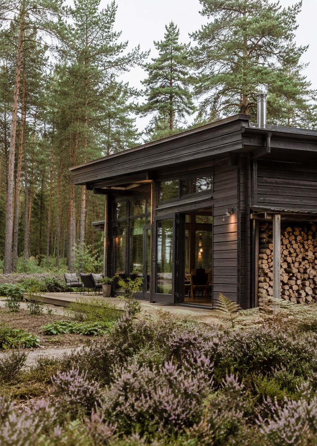 Houten lodge aan de bosrand, overdag