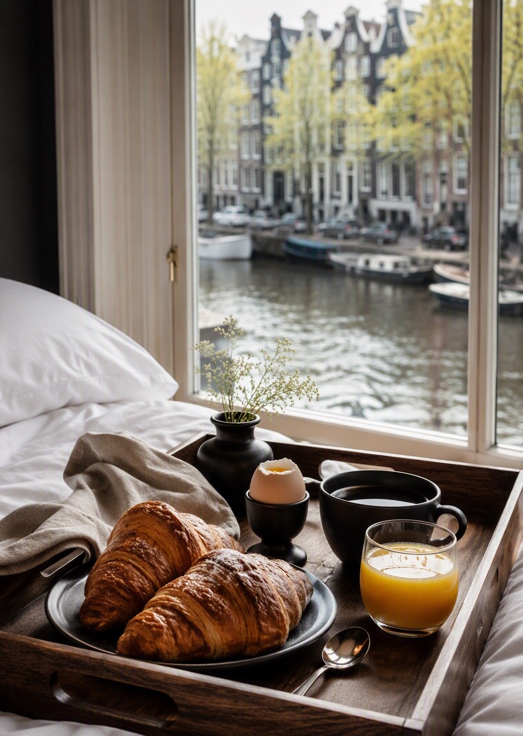 Ontbijtdienblad op bed met uitzicht op de gracht
