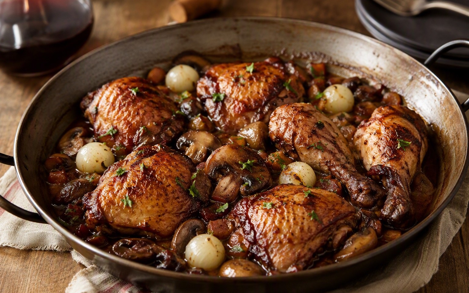 Coq au vin met puree en pareluitjes