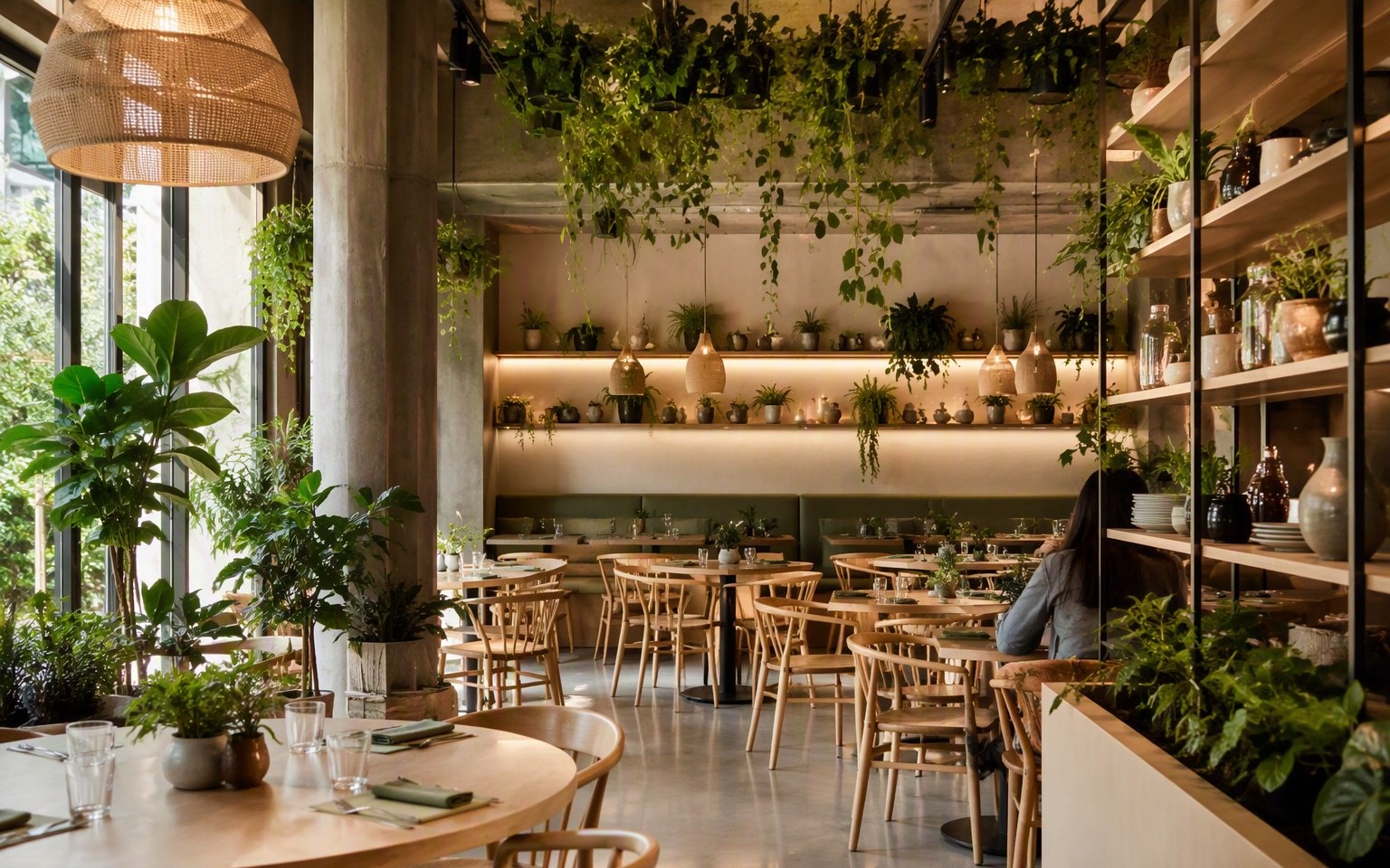 De zaal van Proef met licht hout en hangende planten