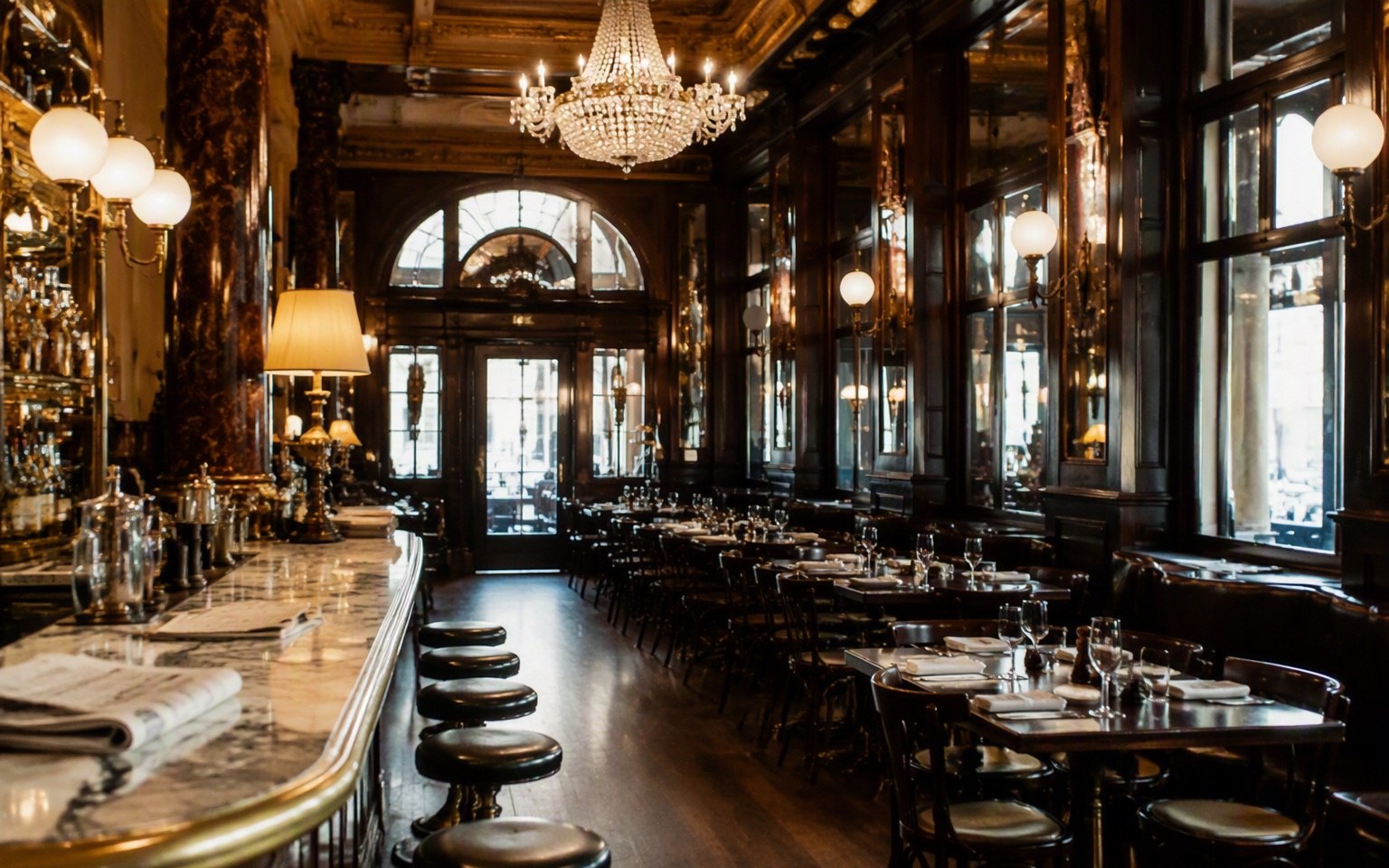 De zaal met hoge ramen en donkergroen lambrisering